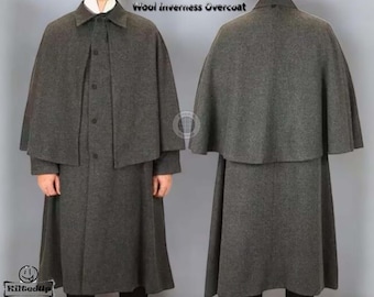 Men's Grey Wool Inverness Overcoat with Cape Winter Warm Long Sleeves Cape Coat
