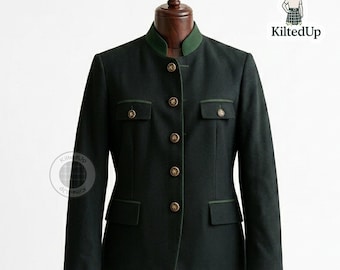 Handgefertigte Vintage Schwarze Wolle Trachtenjacke | Grüne Borte Bayerischer Loden Blazer