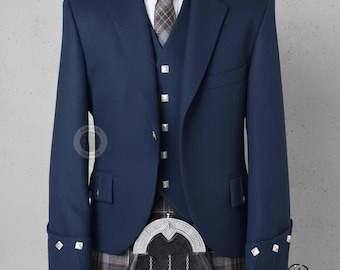 Veste et gilet fait main en kilt et gilet en laine sergé bleu écossais à motifs de losanges