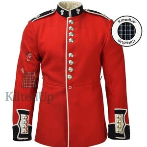 May include: A scarlet military jacket with a high collar, white piping, and silver buttons. The jacket features black detailing on the shoulders and cuffs. The image includes the text "KiltedUp" and a circular logo with a tartan pattern.