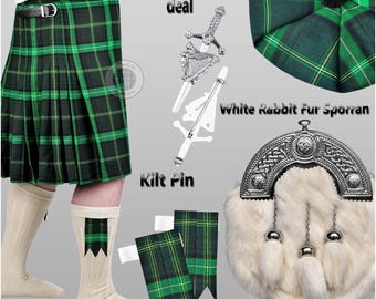 Handmade St. Patrick's Day Kilt Outfit - Rabbit Fur Sporran & PV Flashes