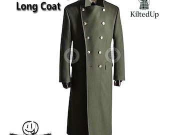 Herren Armee Grün Wolle Militärmantel | Langer zweireihiger Wintermantel | Warme Trenchjacke