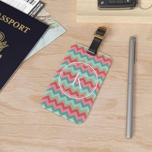 Pastel Chevron Pattern Luggage Tag | Pink Mint Zigzag Travel ID Optional personalization