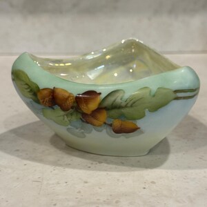 Vintage Hand-Painted Porcelain Bowl – Acorn Motif, Triangular Form, German Art Nouveau