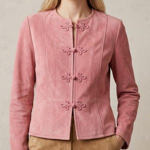 Vintage Jones New York Pink Suede Jacket – Leaf Toggle Closure, Boho Luxe Blazer