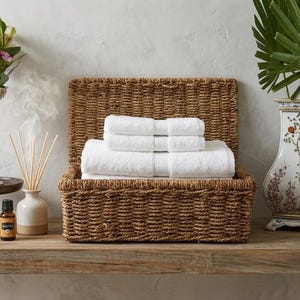 Rectangular Hinged-Lid Storage Basket, Natural Woven Organizer for Coastal or Spa-Like Decor