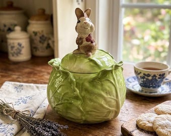 Vintage Metlox Poppytrail Bunny on Cabbage Cookie Jar, 1960s Ceramic Kitchen Decor