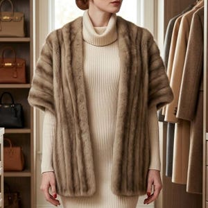 May include: A light brown fur stole with a vertical striped texture worn over a cream-colored ribbed knit sweater dress featuring a high turtleneck collar. The stole has an open front design with short sleeves and a soft, plush appearance.
