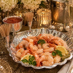 May include: A silver scalloped serving bowl filled with cooked shrimp, garnished with fresh green parsley sprigs and bright yellow lemon slices. The bowl is positioned on a table with silver toothpick holders, a sauce bowl, and glassware.