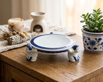 Vintage Blue & White Chinoiserie Pedestal Dish with Figural Supports (Plant/Soap/Trinket Stand)