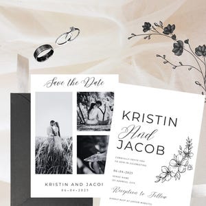 Editable Minimalist Wedding Invitation and Save the Date Template-Black/White Elegant Canva Invite-Printable Wedding Suite-Instant Download