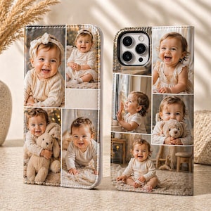 Peut inclure: Une coque de téléphone personnalisée présentant un collage de sept photographies d'un bébé souriant. Les images montrent l'enfant dans diverses positions, notamment assis, à quatre pattes et tenant une peluche, sur un étui pliable.
