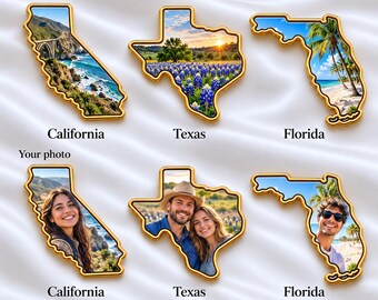 May include: Six gold-rimmed state-shaped magnets featuring California, Texas, and Florida outlines. The top row displays scenic landscapes, while the bottom row shows customizable photo inserts. Each magnet measures approximately 1 inch by 1 inch.