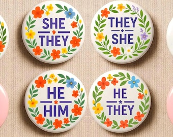 Pronoun Pins Button LGBTQ+ Pride Pinback Button - They/Them, She/Her, He/Him