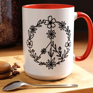 Floral Peace Sign Accent Coffee Mug | Retro 70s Boho Coffee Cup | Hippie Aesthetic Drinkware | Groovy Flower Power Gift for Peace Lovers