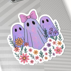 Cute Ghost Sticker with Flowers, Pastel Purple Ghosts and Floral Bow Design, Spooky Kawaii Halloween Vinyl Decal for Laptop and Water Bottle