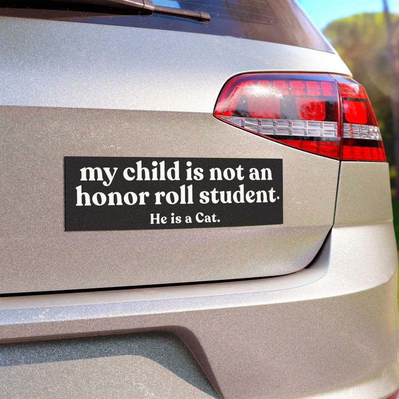 Puede incluir: Una pegatina rectangular negra con texto blanco que dice: "my child is not an honor roll student. He is a Cat." La pegatina est&aacute; aplicada en el maletero plateado de un veh&iacute;culo, colocada horizontalmente debajo de la ventana trasera.