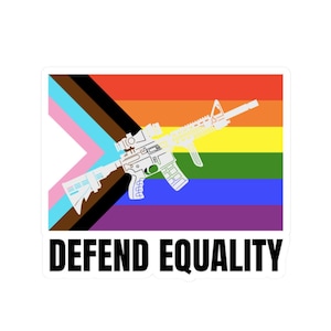 May include: A sticker featuring a white rifle superimposed over a rainbow flag with the transgender pride flag on the left. The words "DEFEND EQUALITY" are printed in bold black letters at the bottom of the sticker.