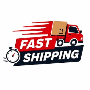 May include: A graphic illustration featuring a red delivery truck carrying a brown cardboard box with upward arrows. The text FAST SHIPPING is displayed in bold white letters against red and black backgrounds, accompanied by a black stopwatch icon.