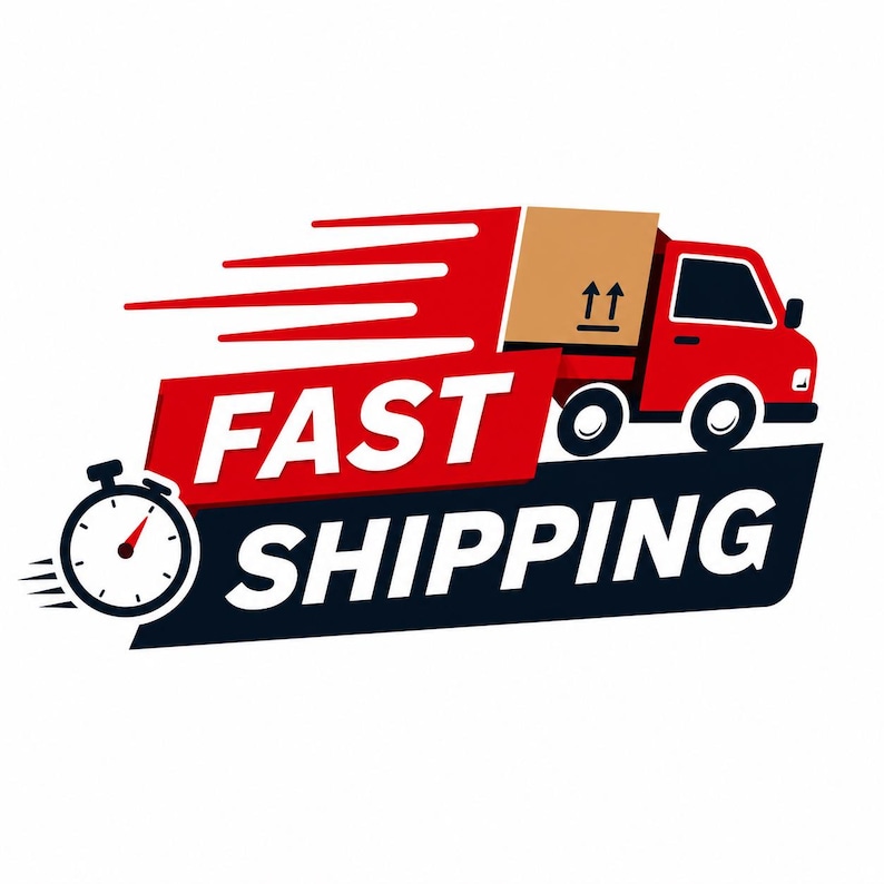 May include: A graphic illustration featuring a red delivery truck carrying a brown cardboard box with upward arrows. The text FAST SHIPPING is displayed in bold white letters against red and black backgrounds, accompanied by a black stopwatch icon.