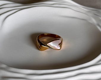 Bague coeur en perle, bague en acier inoxydable, bague en perle, bague qui ne ternit pas, bague en or imperméable, bague réglable, bijoux tendance en perle de perle