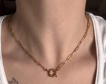 Gold Paperclip Chain Necklace, Stainless Steel Toggle Clasp