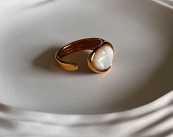 Anillo de acero inoxidable dorado con perla, joyería llamativa ajustable e impermeable