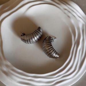 Chunky Silver Hoop Earrings: Textured Stainless Steel Huggies