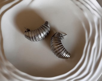 Chunky Silver Hoop Earrings: Textured Stainless Steel Huggies