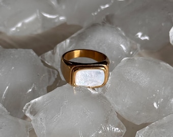 Grosse bague en or avec perle, bague résistante à l&#39;eau en acier inoxydable et résistante à l&#39;eau, bague résistante à l&#39;eau, ornée de perles