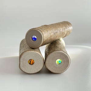 Set of 3 Handmade Wooden Kaleidoscopes – Amber, Forest & Blue Glass | Natural Hazel Wood