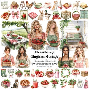 May include: Watercolor clipart set titled "Strawberry Gingham Cottage." The image features various watercolor illustrations of strawberries, baskets, women, and cottage-themed items. The set includes 90 transparent PNG files, perfect for digital art and crafting projects.