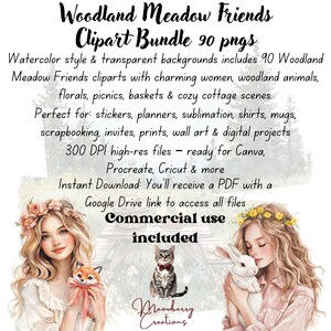 Puede incluir: Paquete de im&aacute;genes predise&ntilde;adas digitales "Woodland Meadow Friends" con 90 PNG. La imagen presenta ilustraciones en acuarela de mujeres, animales, flores y escenas de caba&ntilde;as. Uso comercial incluido. Listo para Canva, Procreate y Cricut.