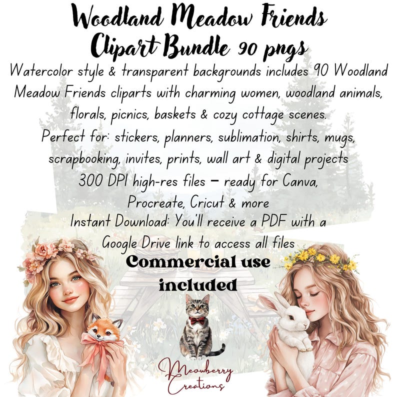 Puede incluir: Paquete de im&aacute;genes predise&ntilde;adas digitales "Woodland Meadow Friends" con 90 PNG. La imagen presenta ilustraciones en acuarela de mujeres, animales, flores y escenas de caba&ntilde;as. Uso comercial incluido. Listo para Canva, Procreate y Cricut.