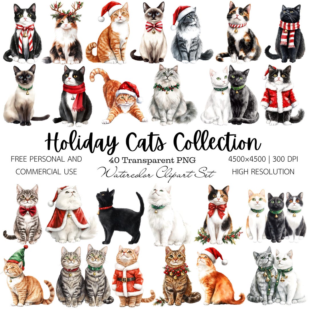 Christmas Kittens Clipart Watercolor Winter Cat PNG Holiday Pets Bundle ...