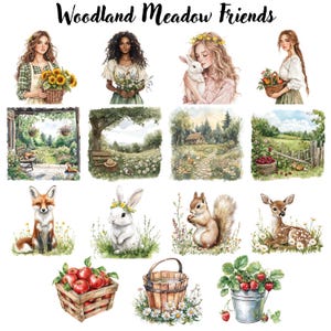 Puede incluir: Colecci&oacute;n de ilustraciones en acuarela con el texto "Woodland Meadow Friends". Las im&aacute;genes incluyen retratos de mujeres con flores y animales como un zorro, un conejo, una ardilla y un ciervo. Otras im&aacute;genes incluyen una cesta de manzanas y un cubo de fresas.