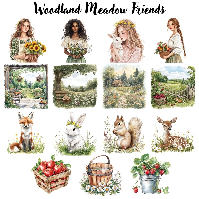 Puede incluir: Colecci&oacute;n de ilustraciones en acuarela con el texto "Woodland Meadow Friends". Las im&aacute;genes incluyen retratos de mujeres con flores y animales como un zorro, un conejo, una ardilla y un ciervo. Otras im&aacute;genes incluyen una cesta de manzanas y un cubo de fresas.