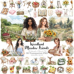 This Woodland Meadow Friends watercolor clipart set features cozy women in cottagecore outfits, surrounded by wildflowers, baskets, lemonade, fresh berries, meadow scenery, cottages, animals, and rustic garden decor. The artwork includes foxes, deer, rabbits, bicycles, picnics, florals, and homestyle baking accents, all hand-painted in soft watercolor style with transparent backgrounds. Perfect for planners, invitations, crafts, and cottagecore projects.