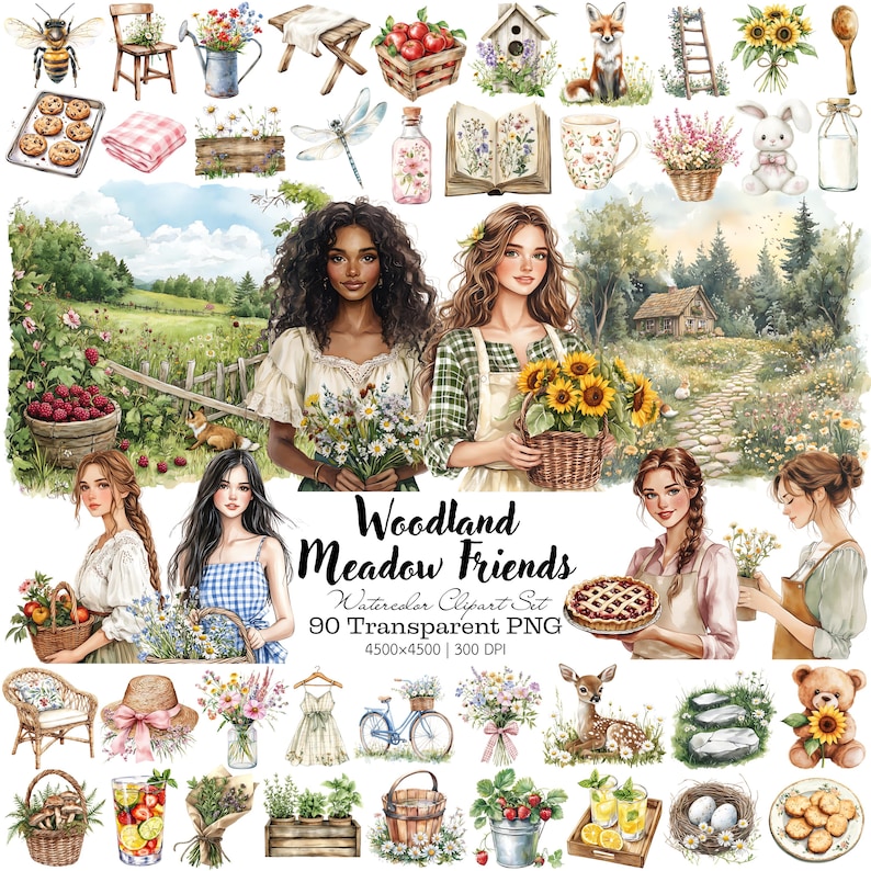 This Woodland Meadow Friends watercolor clipart set features cozy women in cottagecore outfits, surrounded by wildflowers, baskets, lemonade, fresh berries, meadow scenery, cottages, animals, and rustic garden decor. The artwork includes foxes, deer, rabbits, bicycles, picnics, florals, and homestyle baking accents, all hand-painted in soft watercolor style with transparent backgrounds. Perfect for planners, invitations, crafts, and cottagecore projects.