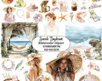 Strand Aquarell Clipart Sommer Strand PNG Bundle Küsten ästhetische Grafik Ozeanthema digitales Set für Handwerksplaner Aufkleber Clipart-Set