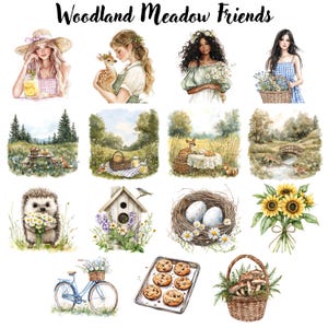 Puede incluir: Una colecci&oacute;n de ilustraciones en acuarela con temas de bosques y praderas. Las im&aacute;genes incluyen retratos de mujeres, animales como ciervos y erizos, escenas de picnic, una casa para p&aacute;jaros, un nido con huevos, girasoles, una bicicleta, galletas y una cesta de setas. El texto "Woodland Meadow Friends" est&aacute; en la parte superior.