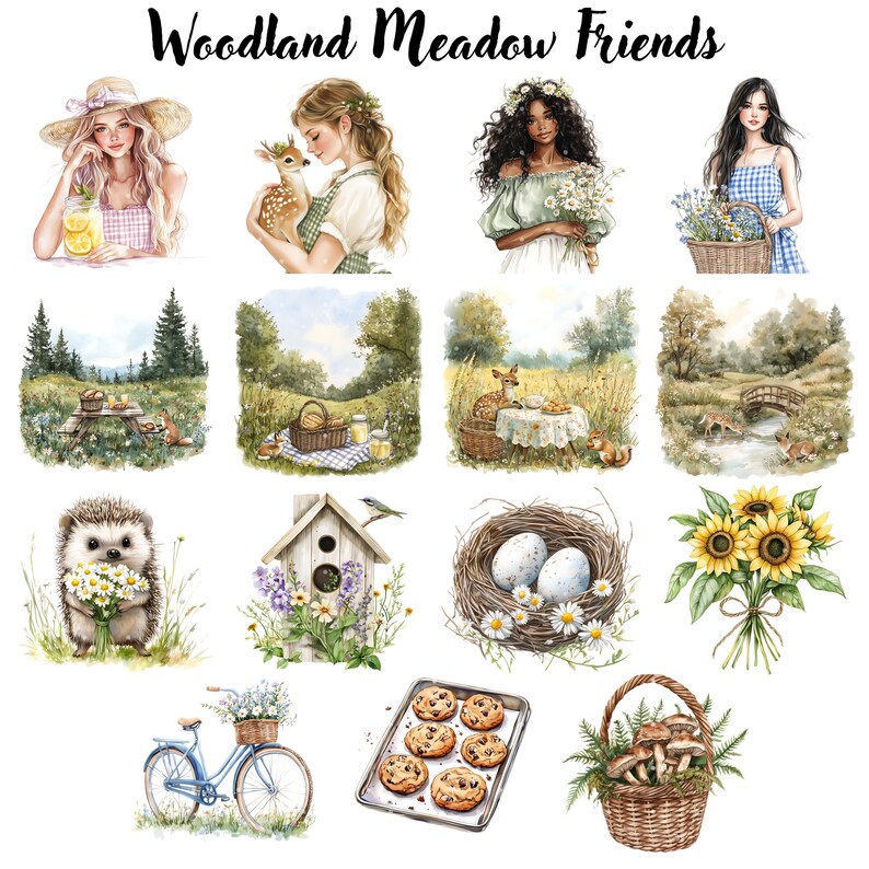 Puede incluir: Una colecci&oacute;n de ilustraciones en acuarela con temas de bosques y praderas. Las im&aacute;genes incluyen retratos de mujeres, animales como ciervos y erizos, escenas de picnic, una casa para p&aacute;jaros, un nido con huevos, girasoles, una bicicleta, galletas y una cesta de setas. El texto "Woodland Meadow Friends" est&aacute; en la parte superior.