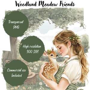 Puede incluir: Ilustraci&oacute;n en acuarela de una mujer sosteniendo un cervatillo en un prado. El cervatillo lleva una corona floral. La imagen incluye el texto "Woodland Meadow Friends", "Transparent PNG", "Alta resoluci&oacute;n 300 DPI" y "Commercial use Included".