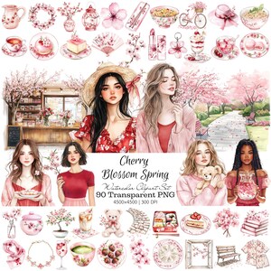 May include: Watercolor clipart set titled "Cherry Blossom Spring" featuring illustrations of cherry blossoms, food, accessories, and portraits of women. The set includes 90 transparent PNG images, perfect for digital art projects.