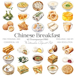 Puede incluir: Ilustración en acuarela de varios alimentos para el desayuno chino, incluyendo empanadillas, fideos, té y pasteles. La imagen incluye el texto "Chinese Breakfast" y detalles sobre el conjunto de imágenes prediseñadas.