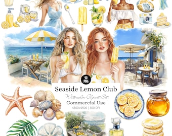 clipart de limón junto al mar limón costero png verano estética de limón playa acuarela conjunto cítrico planificador paquete clipart de verano pegatinas digitales