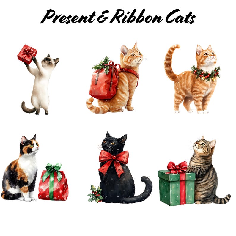 Christmas Kittens Clipart Watercolor Winter Cat PNG Holiday Pets Bundle ...