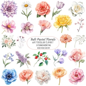 floral watercolor png clipart set soft pastel flowers digital flower bundle romantic garden blooms for wedding design invitation graphics