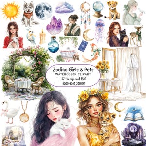 Sternzeichen Haustier Clipart verträumt Astrologie Png Aquarell Mädchen himmlisch Clip Art Set magische Tier Illustrationen für digitalen Download Clipart
