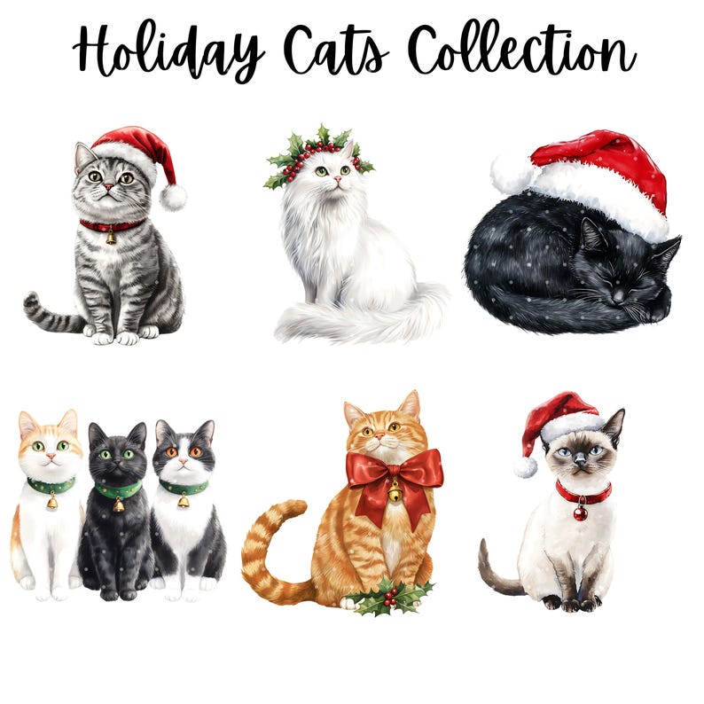 Christmas Kittens Clipart Watercolor Winter Cat PNG Holiday Pets Bundle ...